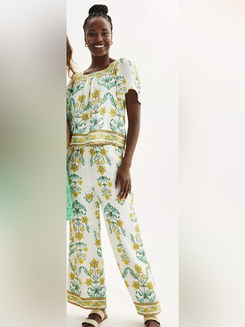 Draper Janet Floral Print Wide-Leg Pants in White and Yellow with matching top